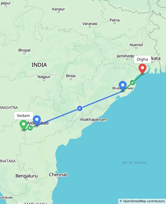 Route map showing distance and travel time from Sedam, India to Digha, India