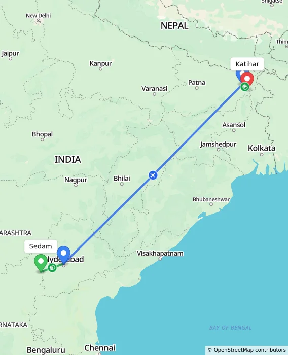 Route map showing distance and travel time from Sedam, India to Katihar, India