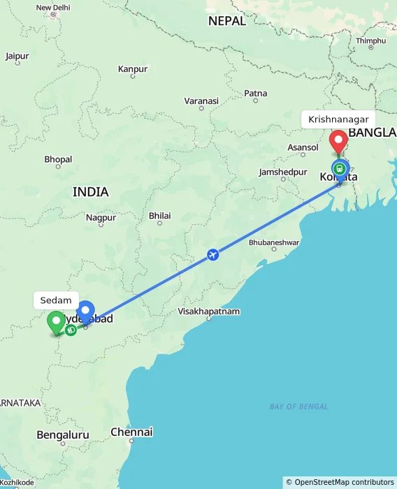 Route map showing distance and travel time from Sedam, India to Krishnanagar, India