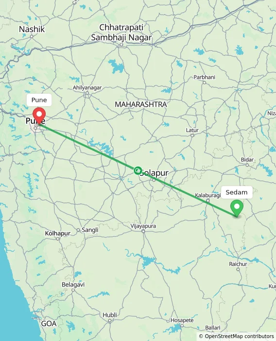 Route map showing distance and travel time from Sedam, India to Pune, India