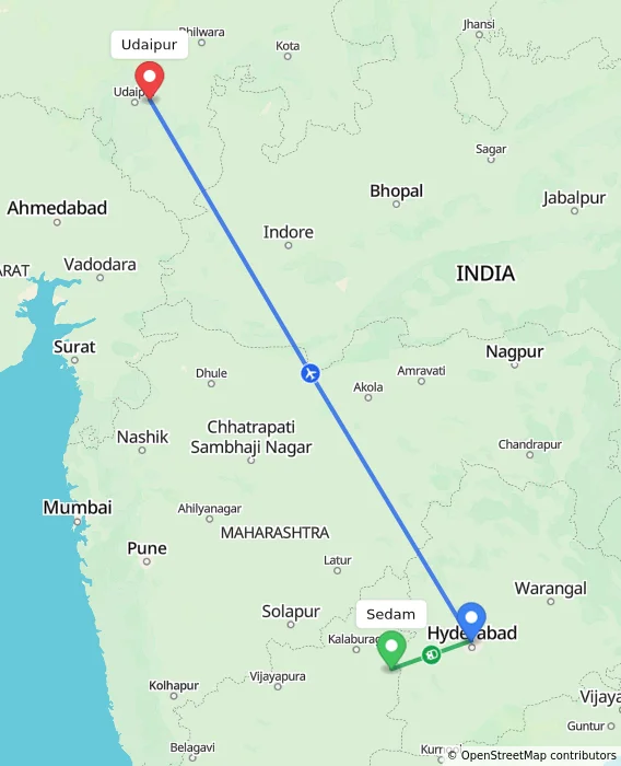 Route map showing distance and travel time from Sedam, India to Udaipur, India