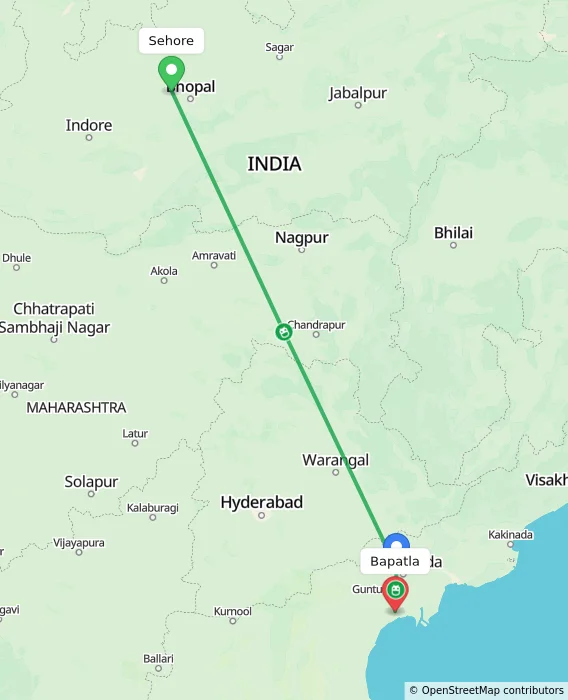 Route map showing distance and travel time from Sehore, India to Bapatla, India