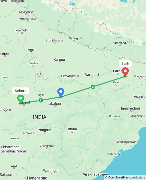 Route map showing distance and travel time from Sehore, India to Barh, India