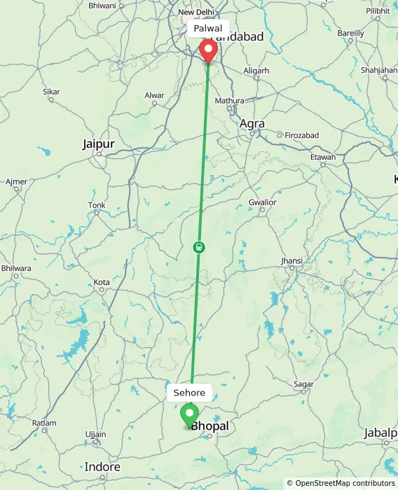 Route map showing distance and travel time from Sehore, India to Palwal, India