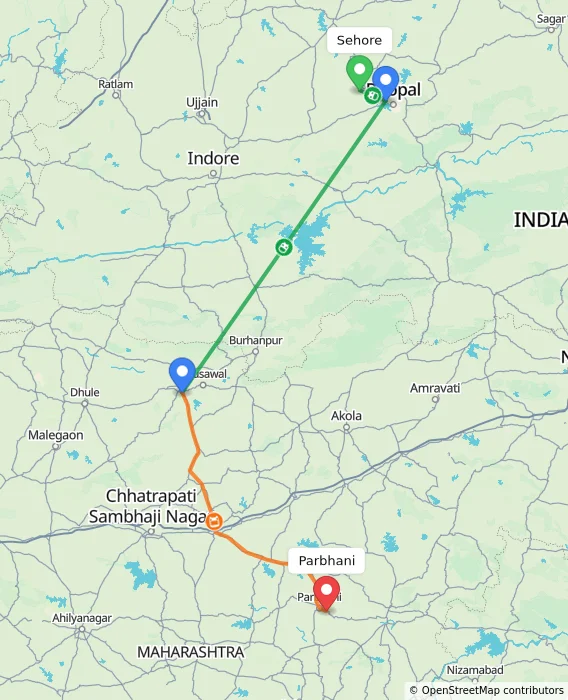 Route map showing distance and travel time from Sehore, India to Parbhani, India