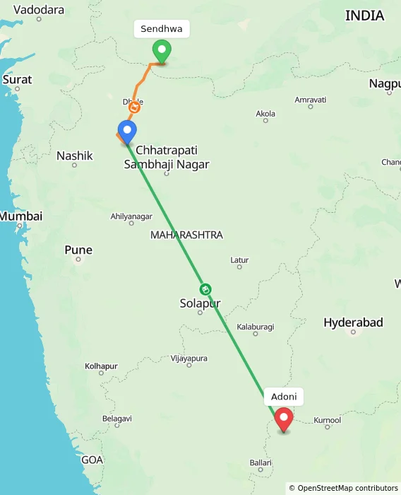 Route map showing distance and travel time from Sendhwa, India to Adoni, India