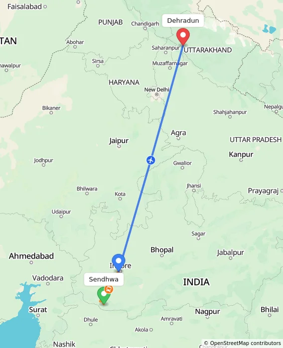 Route map showing distance and travel time from Sendhwa, India to Dehradun, India