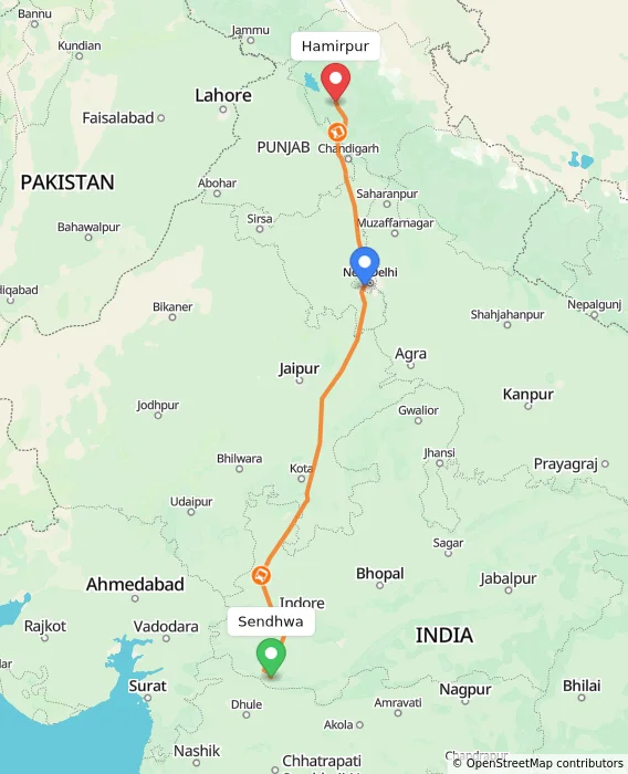 Route map showing distance and travel time from Sendhwa, India to Hamirpur, India