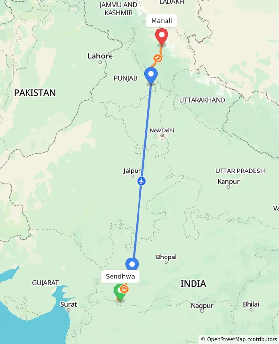 Route map showing distance and travel time from Sendhwa, India to Manali, India