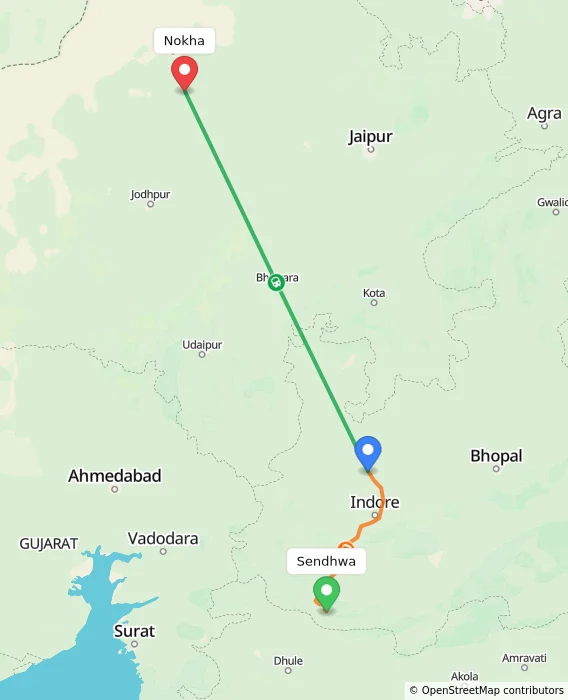 Route map showing distance and travel time from Sendhwa, India to Nokha, India