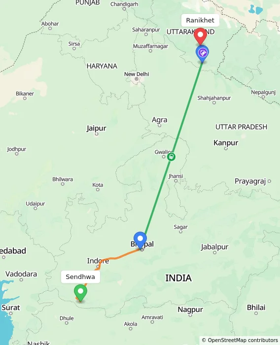 Route map showing distance and travel time from Sendhwa, India to Ranikhet, India