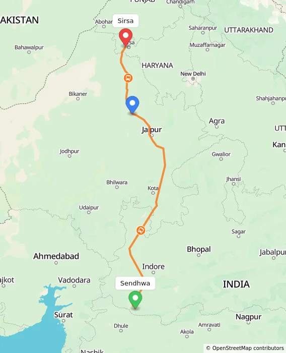 Route map showing distance and travel time from Sendhwa, India to Sirsa, India
