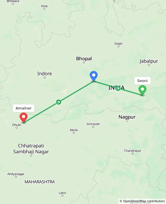 Route map showing distance and travel time from Seoni, India to Amalner, India