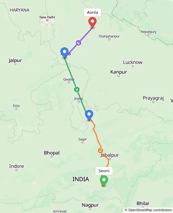 Route map showing distance and travel time from Seoni, India to Aonla, India