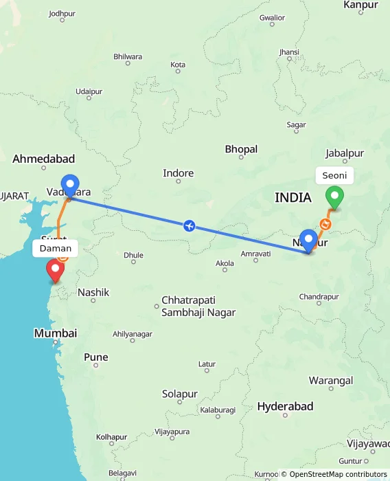Route map showing distance and travel time from Seoni, India to Daman, India