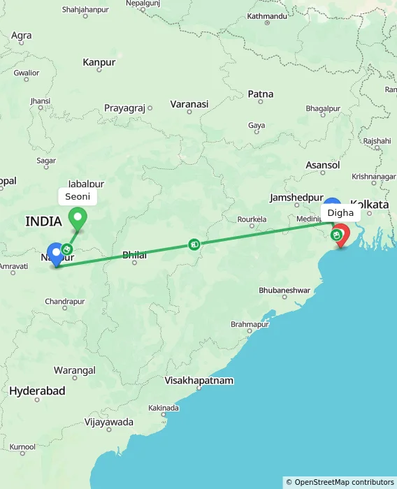 Route map showing distance and travel time from Seoni, India to Digha, India