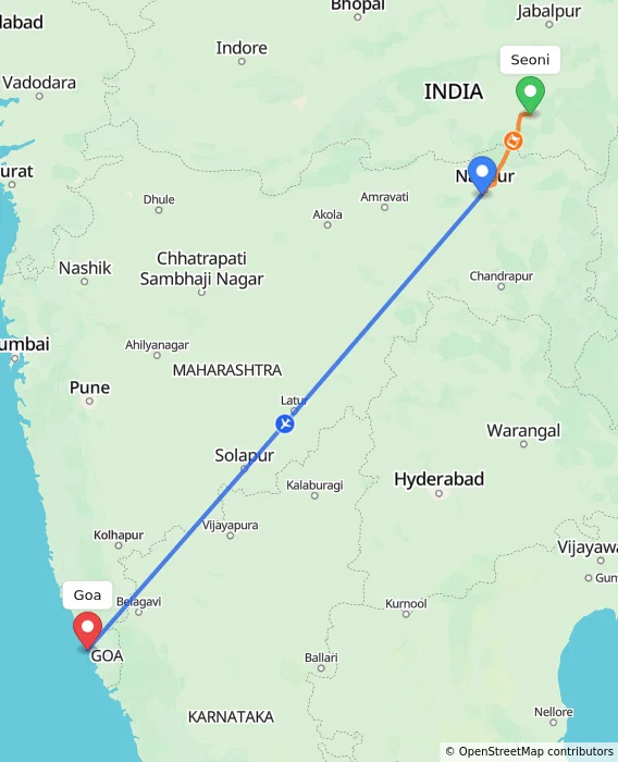 Route map showing distance and travel time from Seoni, India to Goa, India