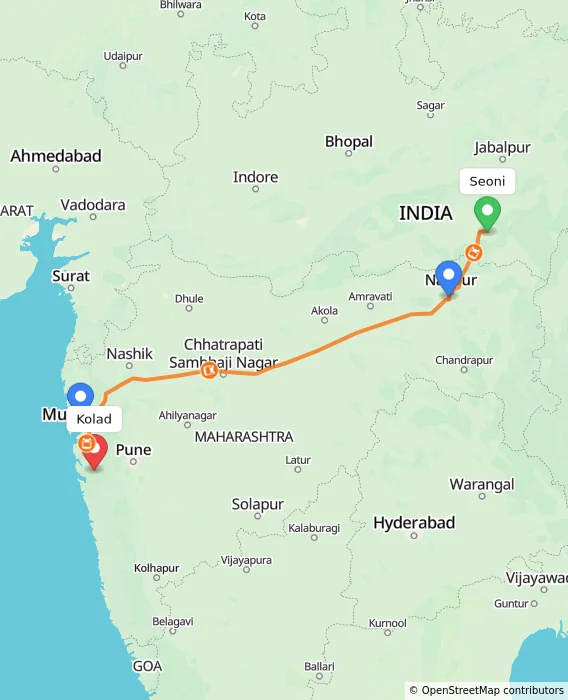Route map showing distance and travel time from Seoni, India to Kolad, India