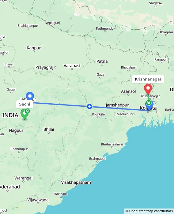 Route map showing distance and travel time from Seoni, India to Krishnanagar, India