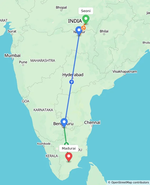 Route map showing distance and travel time from Seoni, India to Madurai, India