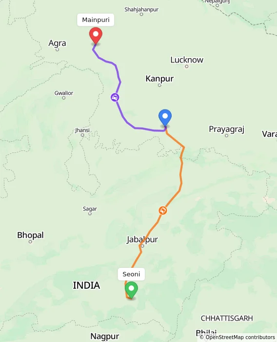 Route map showing distance and travel time from Seoni, India to Mainpuri, India