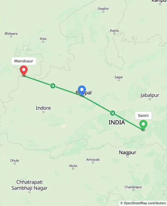Route map showing distance and travel time from Seoni, India to Mandsaur, India