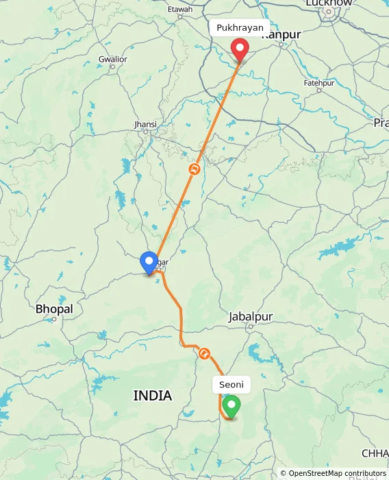 Route map showing distance and travel time from Seoni, India to Pukhrayan, India