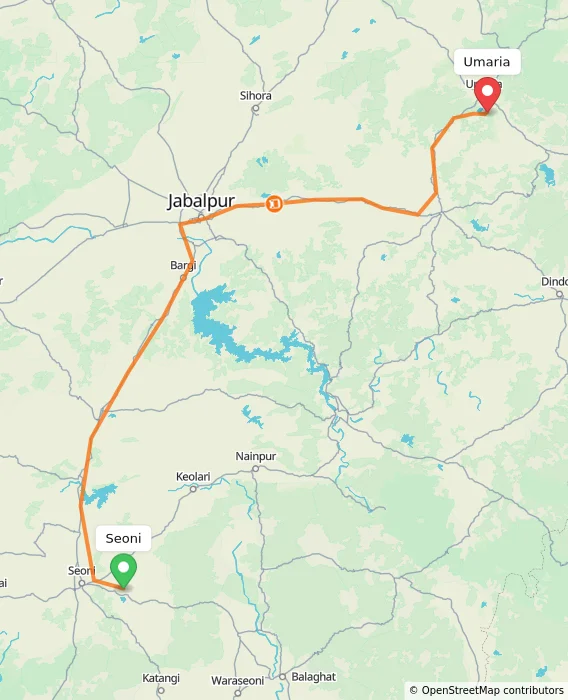 Route map showing distance and travel time from Seoni, India to Umaria, India