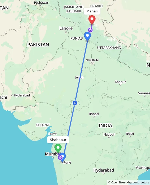 Route map showing distance and travel time from Shahapur, India to Manali, India