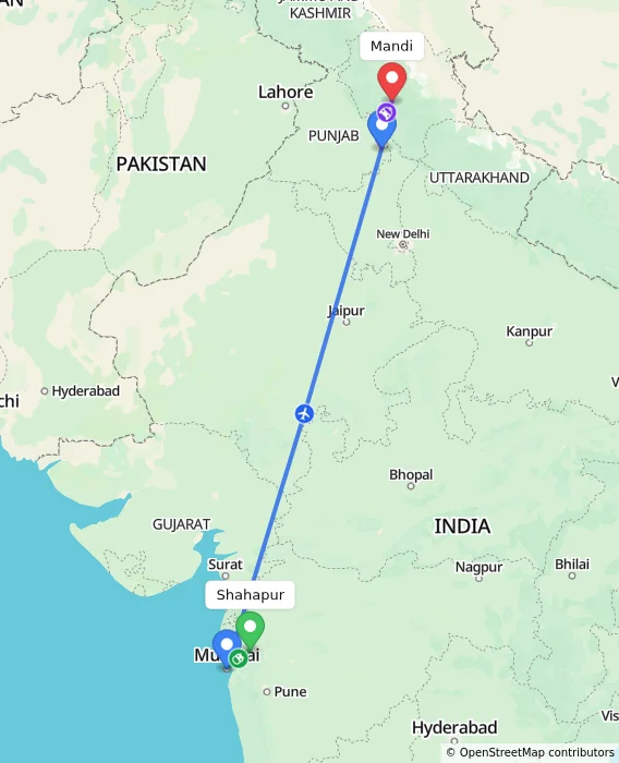Route map showing distance and travel time from Shahapur, India to Mandi, India