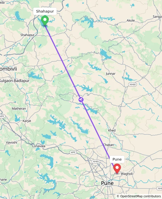 Route map showing distance and travel time from Shahapur, India to Pune, India