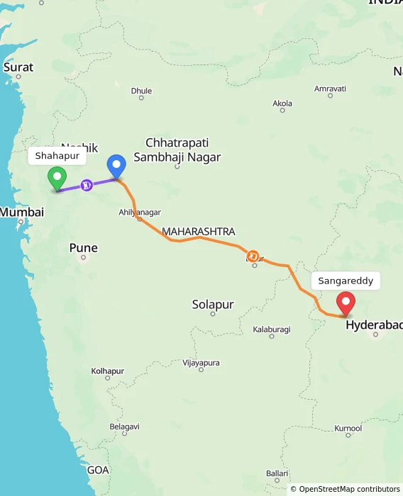 Route map showing distance and travel time from Shahapur, India to Sangareddy, India