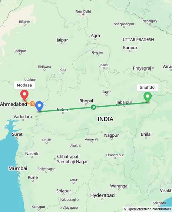 Route map showing distance and travel time from Shahdol, India to Modasa, India