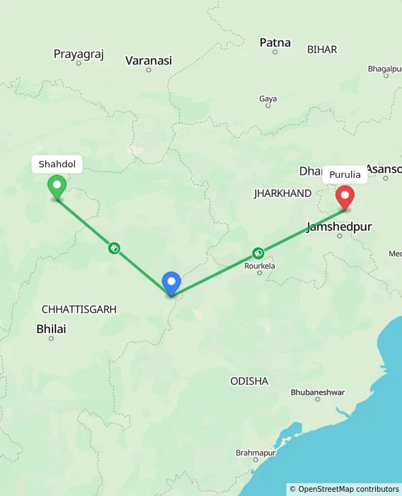 Route map showing distance and travel time from Shahdol, India to Purulia, India