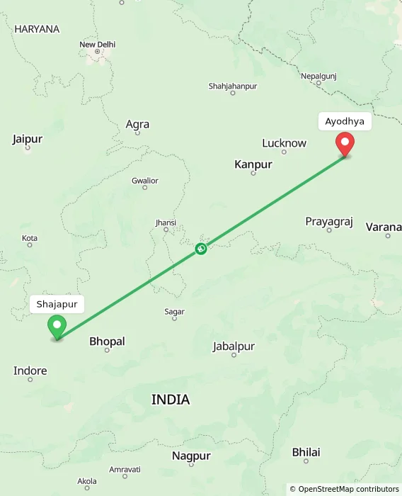 Route map showing distance and travel time from Shajapur, India to Ayodhya, India