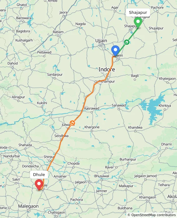 Route map showing distance and travel time from Shajapur, India to Dhule, India