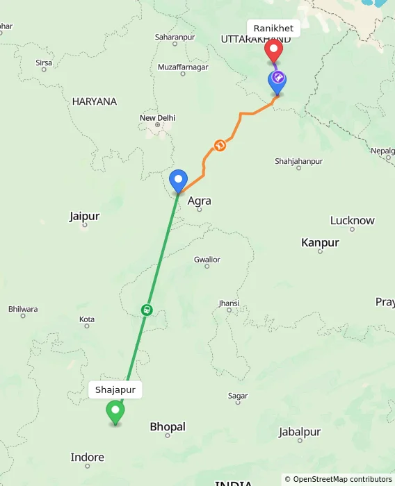 Route map showing distance and travel time from Shajapur, India to Ranikhet, India