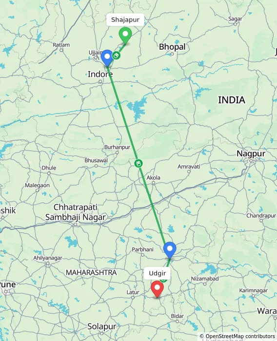Route map showing distance and travel time from Shajapur, India to Udgir, India