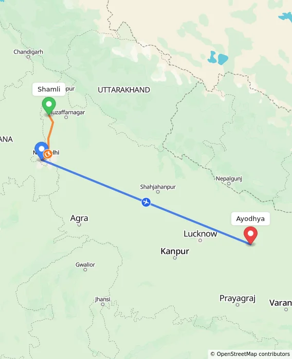 Route map showing distance and travel time from Shamli, India to Ayodhya, India