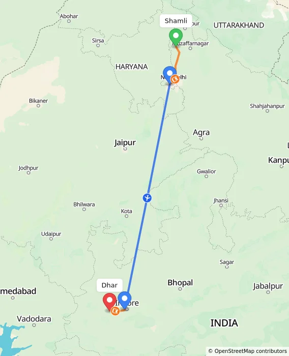 Route map showing distance and travel time from Shamli, India to Dhar, India