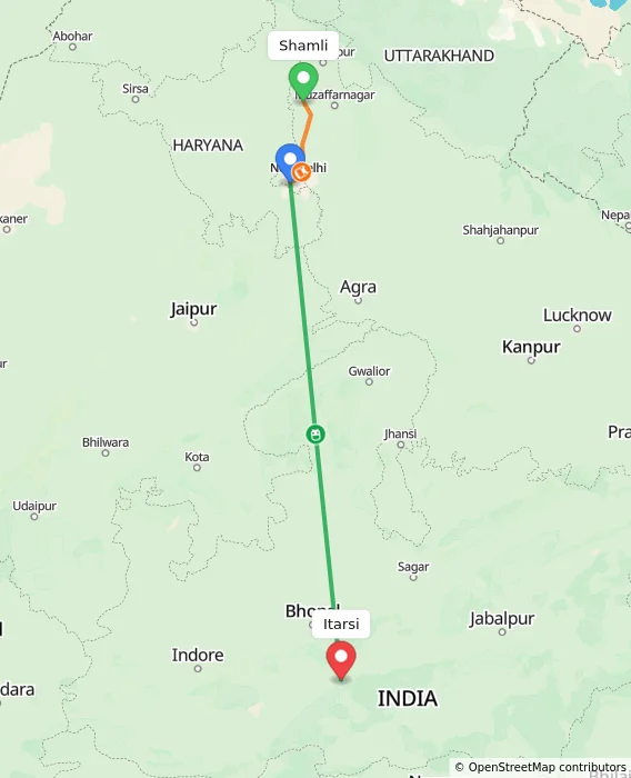 Route map showing distance and travel time from Shamli, India to Itarsi, India
