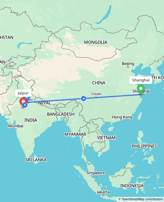 Route map showing distance and travel time from Shanghai, China to Jaipur, India