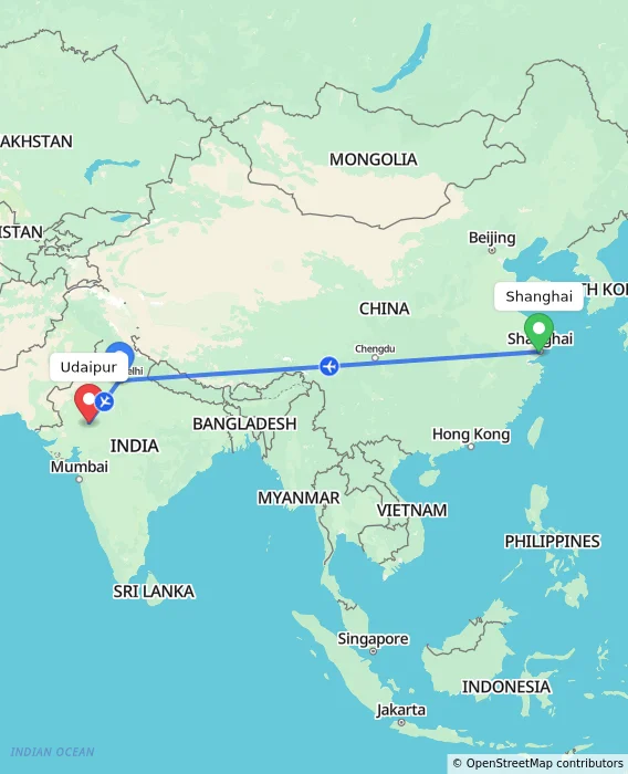 Route map showing distance and travel time from Shanghai, China to Udaipur, India