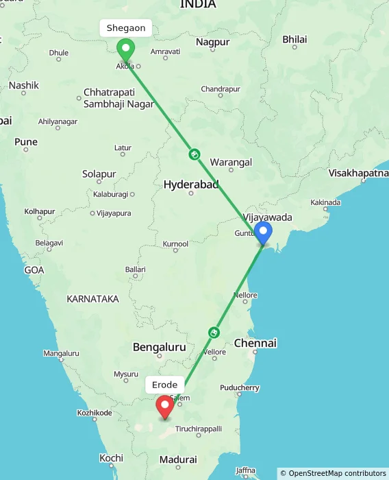 Route map showing distance and travel time from Shegaon, India to Erode, India