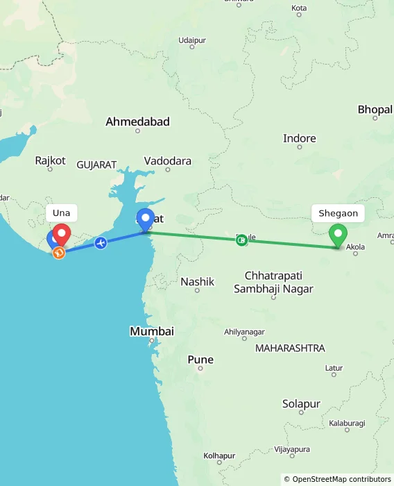 Route map showing distance and travel time from Shegaon, India to Una, India