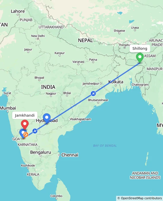 Route map showing distance and travel time from Shillong, India to Jamkhandi, India