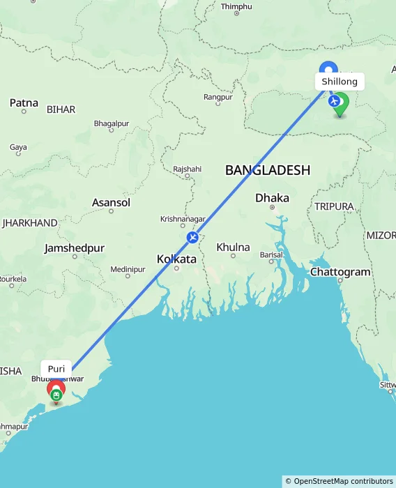 Route map showing distance and travel time from Shillong, India to Puri, India