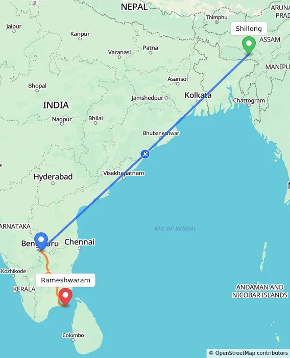 Route map showing distance and travel time from Shillong, India to Rameshwaram, India