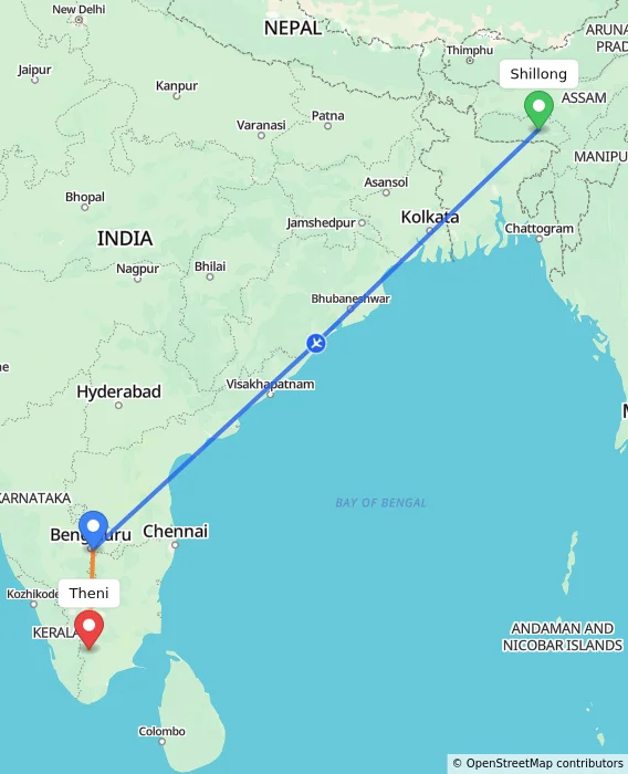 Route map showing distance and travel time from Shillong, India to Theni, India