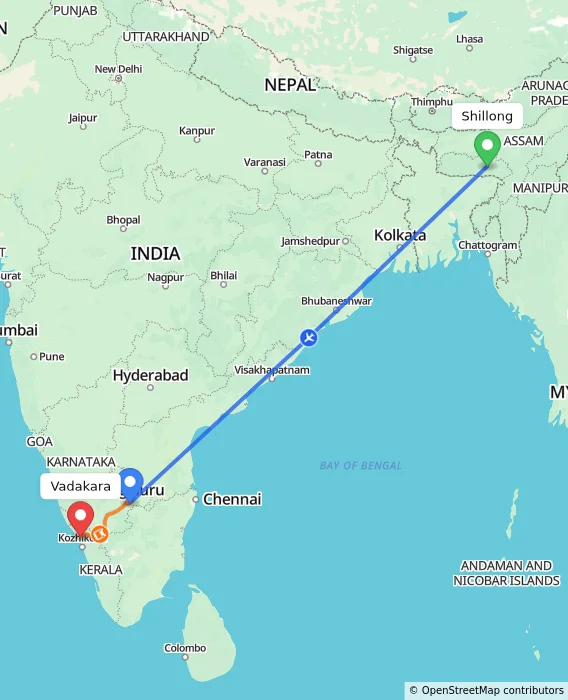 Route map showing distance and travel time from Shillong, India to Vadakara, India